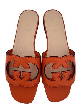Authentic Gucci Orange Interlocking G Cutout Slide Leather Sandals Slides EU 40